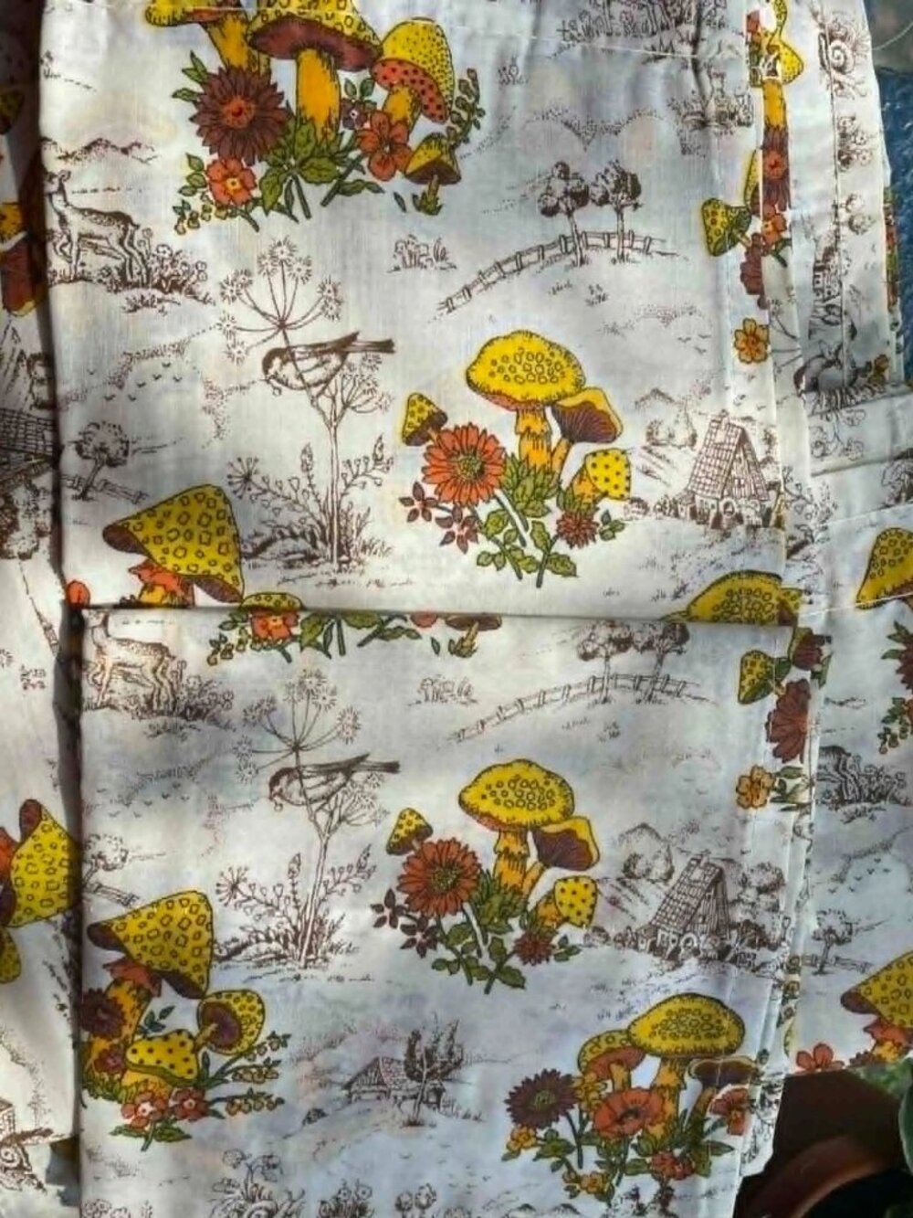 Vtg 70s Mushroom Woodland Toile Fabric Craft Lot 12 Pcs 11+ Yds Total Hemmed - Picture 4 of 7